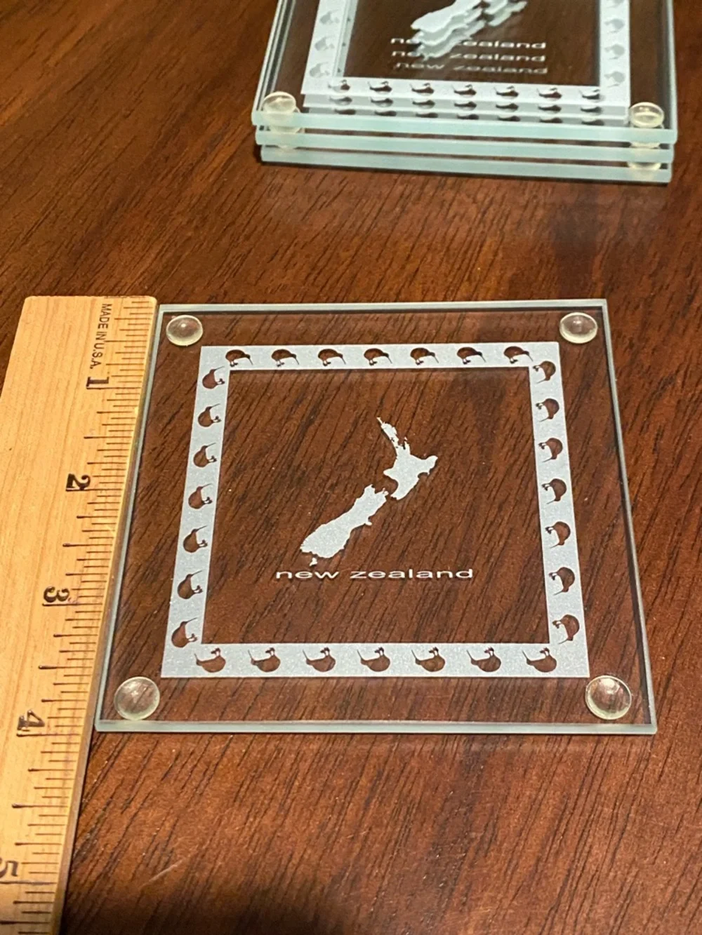 New Zealand Set of 4 Glass Coaster with Kiwi Birds and NZ Island